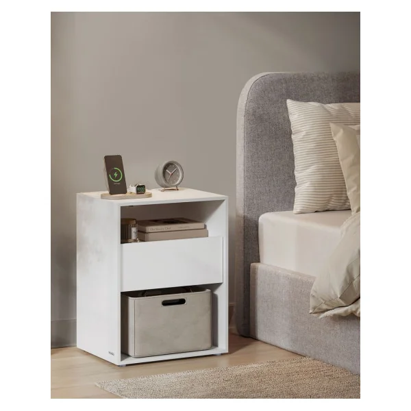 (Lot de 2) Table de Chevet Blanche avec Multiprise et Tiroir Table d’Appoint Chambre Salon