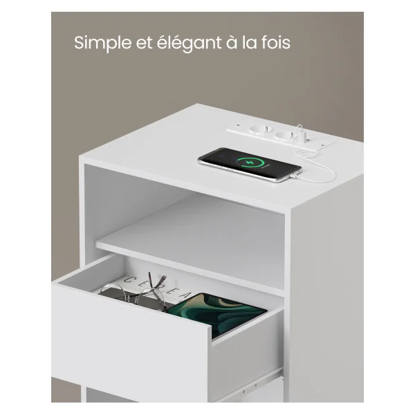 (Lot de 2) Table de Chevet Blanche avec Multiprise et Tiroir Table d’Appoint Chambre Salon
