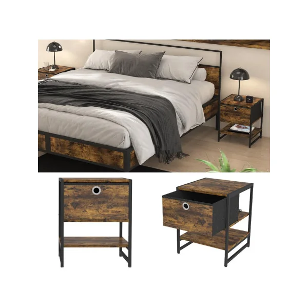 (Lot de 2) Table de Chevet Chêne Rustique Table de Nuit Métal et Bois Chevet Chambre