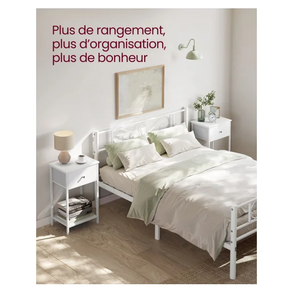 (Lot de 2) Table de Chevet en Acier Blanc avec Tiroir en Tissu et Etagère Bois Table de Nuit Moderne