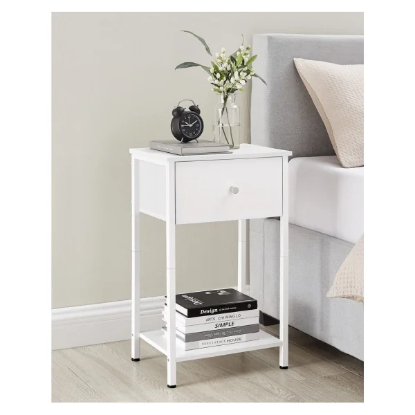(Lot de 2) Table de Chevet en Acier Blanc avec Tiroir en Tissu et Etagère Bois Table de Nuit Moderne