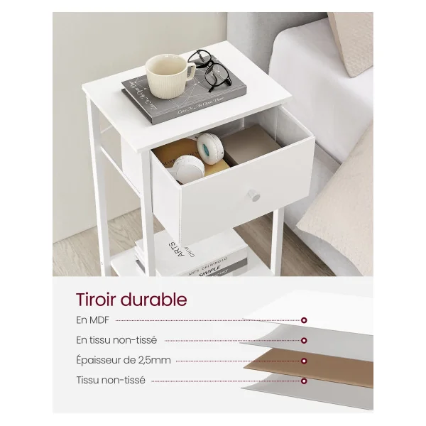 (Lot de 2) Table de Chevet en Acier Blanc avec Tiroir en Tissu et Etagère Bois Table de Nuit Moderne