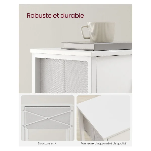 (Lot de 2) Table de Chevet en Acier Blanc avec Tiroir en Tissu et Etagère Bois Table de Nuit Moderne