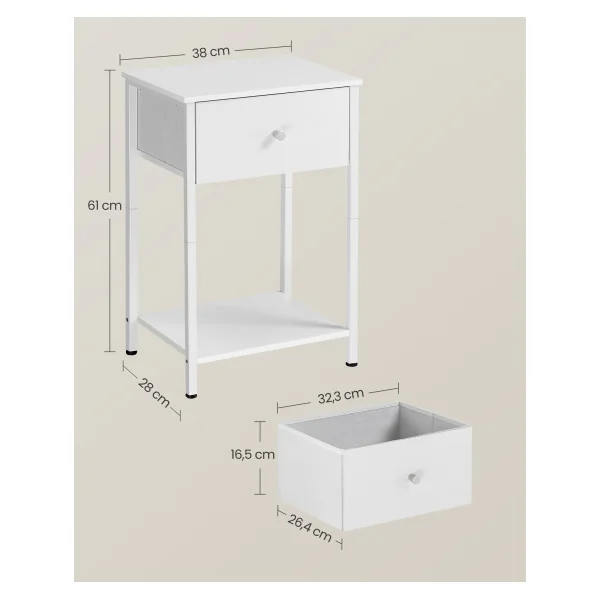 (Lot de 2) Table de Chevet en Acier Blanc avec Tiroir en Tissu et Etagère Bois Table de Nuit Moderne