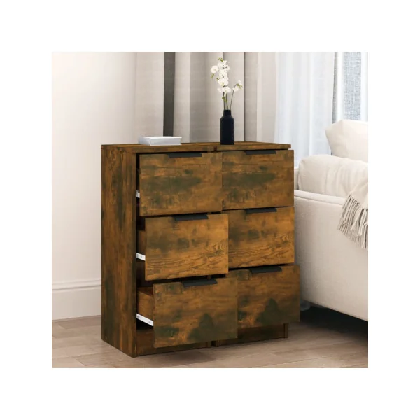 (Lot de 2) Table de Chevet Haute Chêne Fumé Bois 3 Tiroirs Table de Nuit Haute