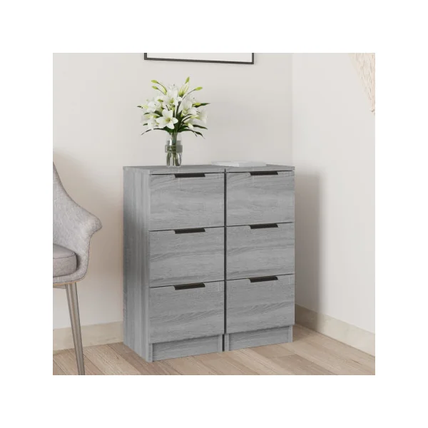 (Lot de 2) Table de Chevet Haute Chêne Gris 3 Tiroirs Table de Nuit Haute