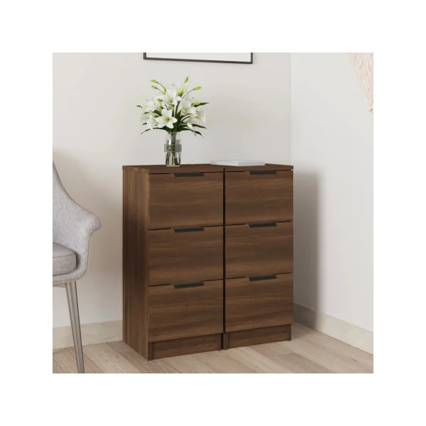 (Lot de 2) Table de Chevet Haute Chêne Marron Bois 3 Tiroirs Table de Nuit Haute