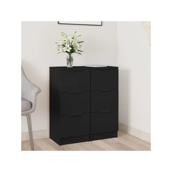 (Lot de 2) Table de Chevet Haute Noir 3 Tiroirs Table de Nuit Haute