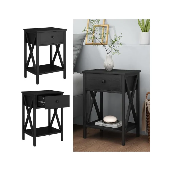 (Lot de 2) Table de Chevet Noir avec Tiroir Table Nuit en Bois Noir