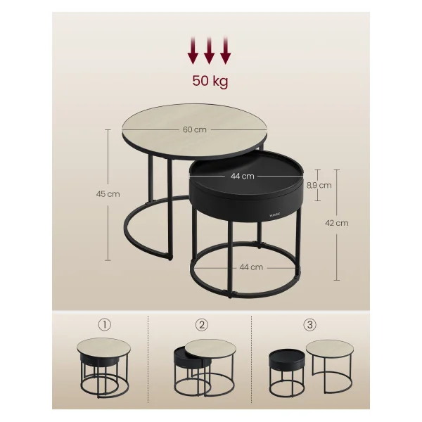 Lot de 2 Tables Basses Beige Naturel et Noir d'Encre Tables Gigognes de Salon