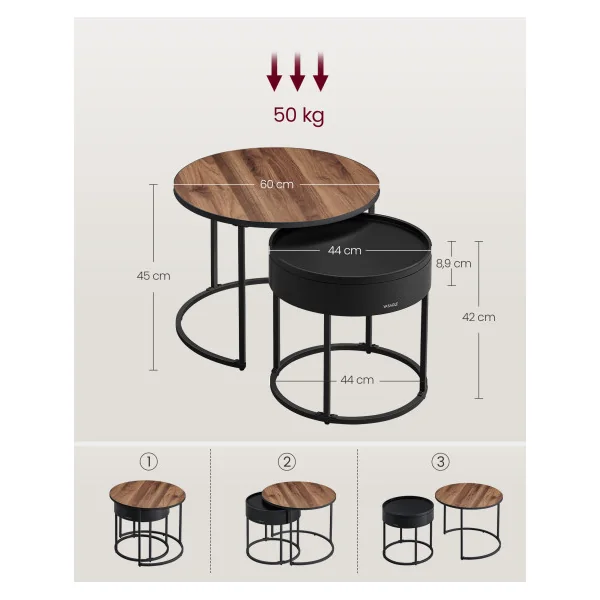 Lot de 2 Tables Basses Noyer Naturel et Noir Table Gigogne Industrielle