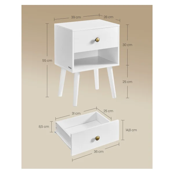 (Lot de 2) Tables de Chevet 1 Tiroir 1 Compartiment Ouvert Blanc Neige Table de Nuit Moderne