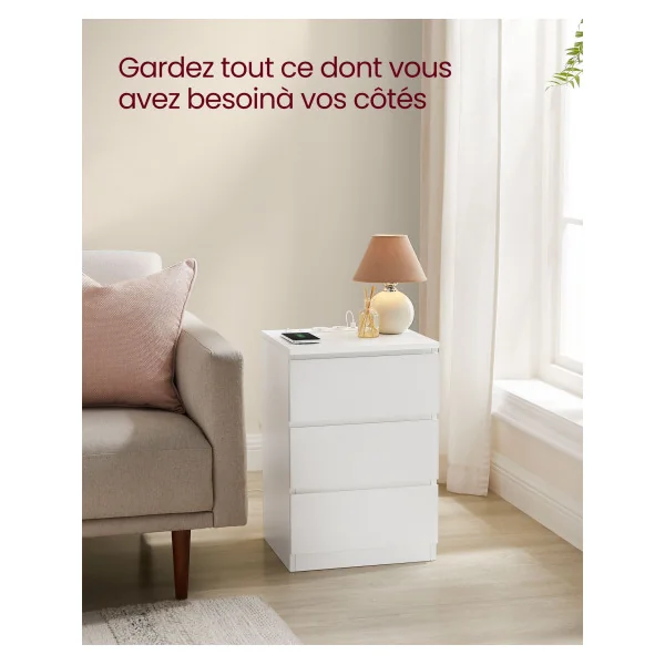 Lot de 2 Tables de chevet avec Multiprise 3 Tiroirs Blanc Nuage Table d’Appoint Salon