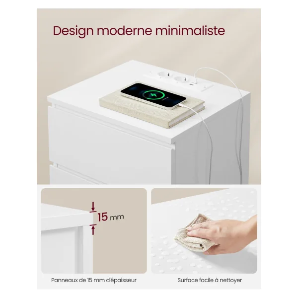 Lot de 2 Tables de chevet avec Multiprise 3 Tiroirs Blanc Nuage Table d’Appoint Salon