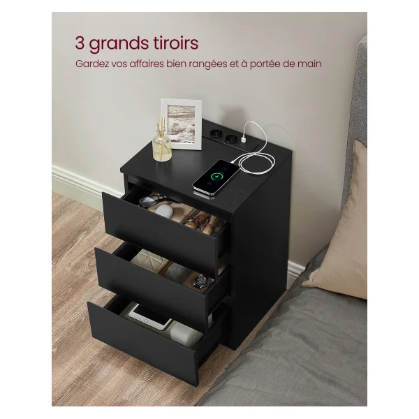 Lot de 2 Tables de chevet avec Multiprise 3 Tiroirs Noir Boisé Table d’Appoint Salon