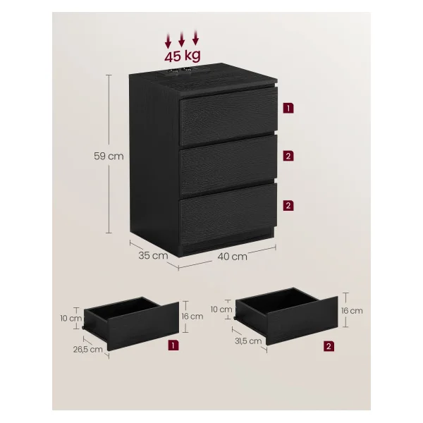Lot de 2 Tables de chevet avec Multiprise 3 Tiroirs Noir Boisé Table d’Appoint Salon