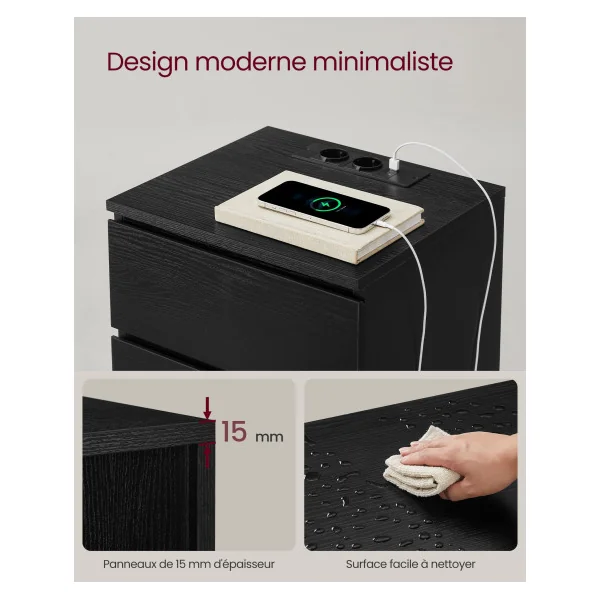 Lot de 2 Tables de chevet avec Multiprise 3 Tiroirs Noir Boisé Table d’Appoint Salon