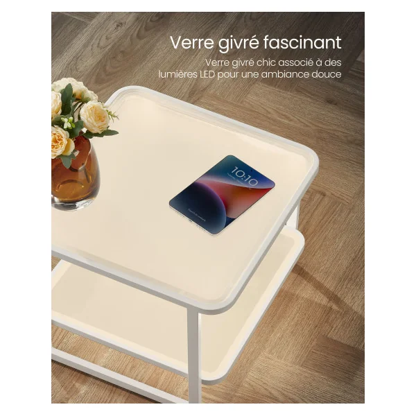 Lot de 2 Tables de Salon Gigognes avec Led Table Basse de Salon Blanc Nuage et Blanc Perle