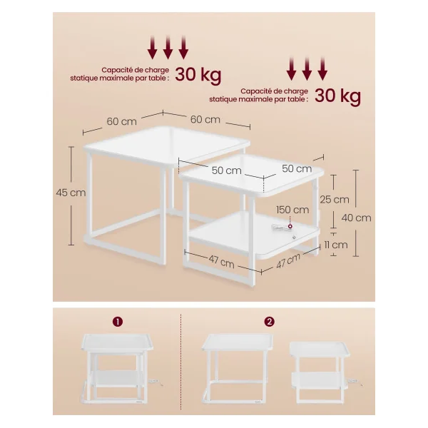 Lot de 2 Tables de Salon Gigognes avec Led Table Basse de Salon Blanc Nuage et Blanc Perle