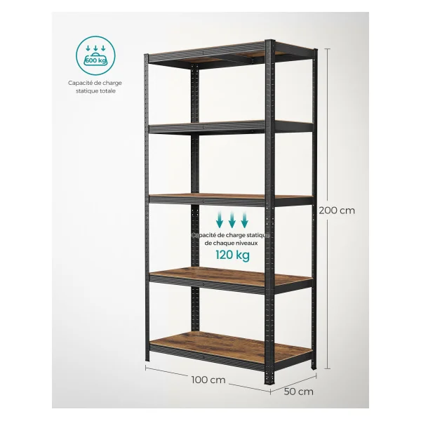 Lot de 2 Étagères 100x50x200 cm Noir et Brun Rustique Charge Lourde 600 kg