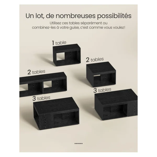 Lot de 3 Tables Basses Noir Boisé Tables d'Appoints Rectangulaires