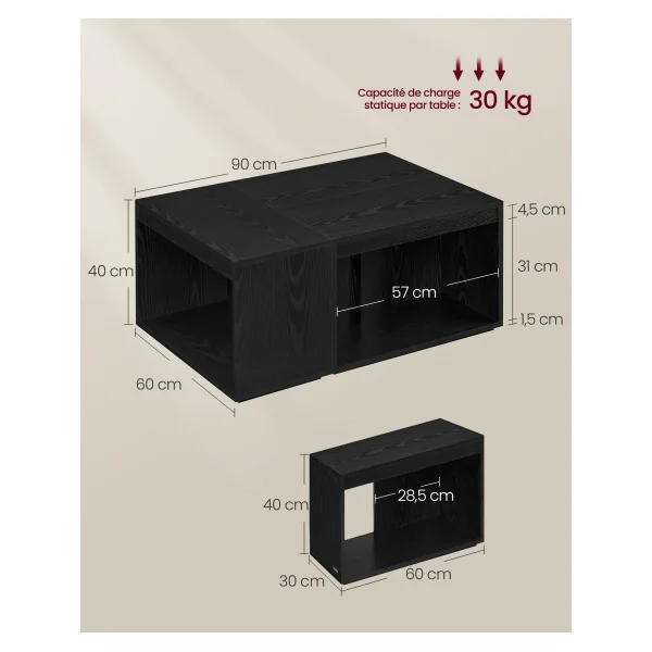 Lot de 3 Tables Basses Noir Boisé Tables d'Appoints Rectangulaires