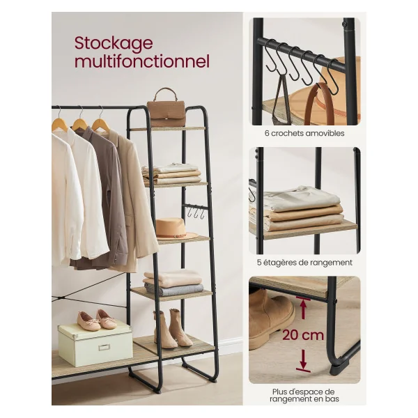Meuble Chaussure Entrée Dressing Ouvert Porte-Manteau sur Pieds 5 Etagères de Rangement Marron Turquoise Noir
