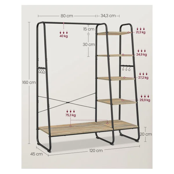 Meuble Chaussure Entrée Dressing Ouvert Porte-Manteau sur Pieds 5 Etagères de Rangement Marron Turquoise Noir