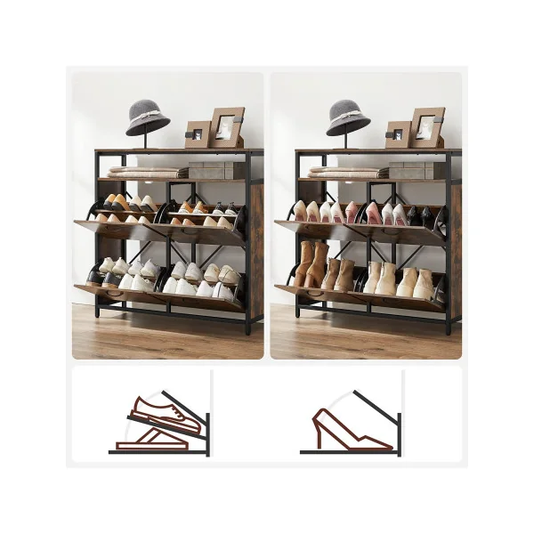 Meuble Chaussures 4 Abattants Rangement Chaussure Marron Rustique Noir Meuble d'Entrée