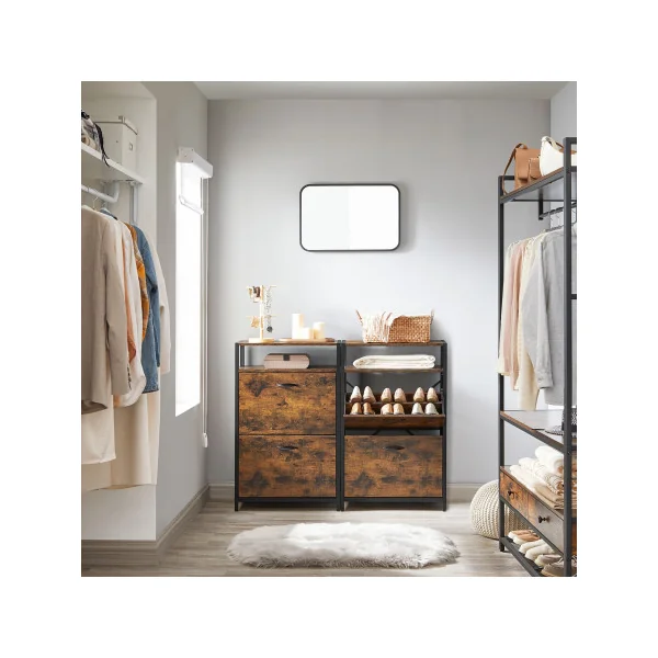 Meuble Chaussures 4 Compartiments Rangement Chaussures 4 Abattants Marron Rustique Noir