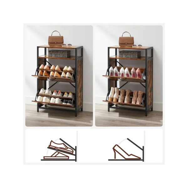 Meuble Chaussures 4 Compartiments Rangement Chaussures 4 Abattants Marron Rustique Noir