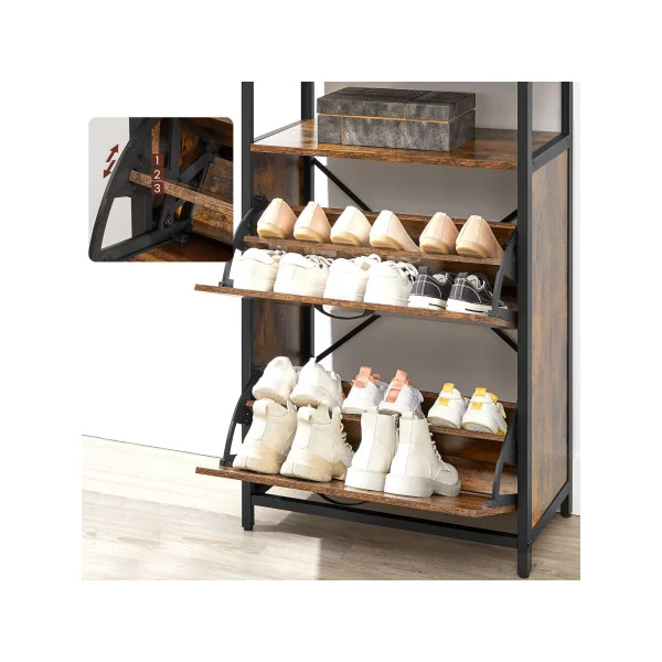 Meuble Chaussures 4 Compartiments Rangement Chaussures 4 Abattants Marron Rustique Noir