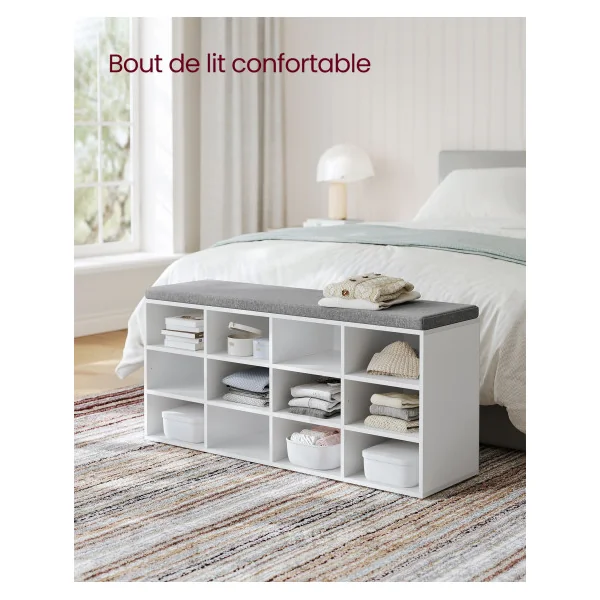 Meuble Chaussures Blanc Coussin Gris Meuble d’Entrée avec Siège avec Coussin et 12 Compartiments