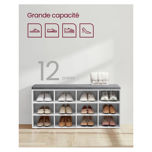 Meuble Chaussures Blanc Coussin Gris Meuble d’Entrée avec Siège avec Coussin et 12 Compartiments