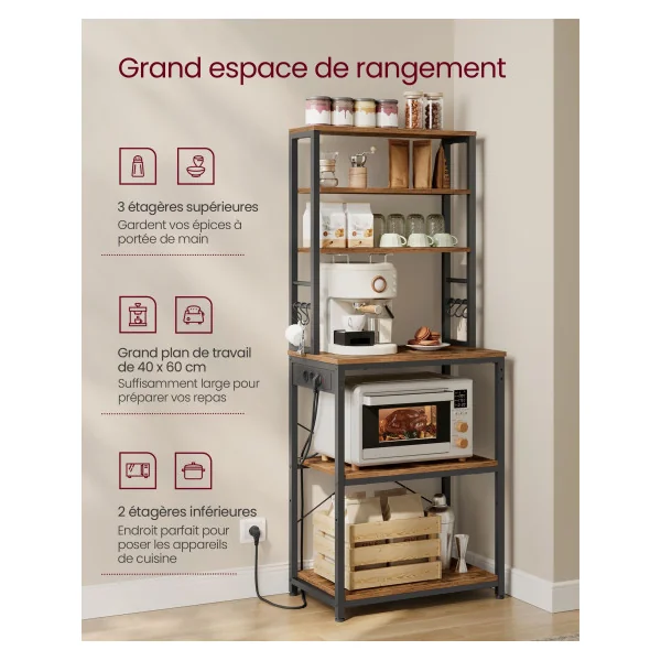 Meuble Cuisine Micro Ondes Étagère de Cuisine avec Multiprise 60x40x167 cm Marron Rustique et Noir