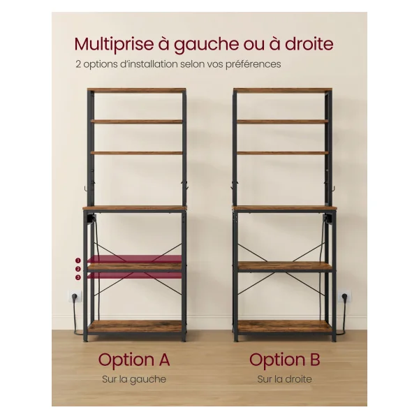Meuble Cuisine Micro Ondes Étagère de Cuisine avec Multiprise 60x40x167 cm Marron Rustique et Noir