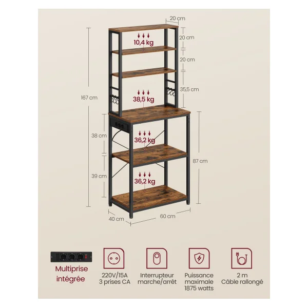 Meuble Cuisine Micro Ondes Étagère de Cuisine avec Multiprise 60x40x167 cm Marron Rustique et Noir