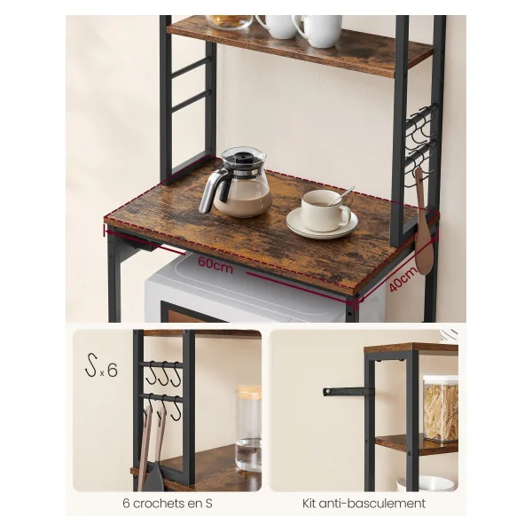Meuble Cuisine Micro Ondes Étagère de Cuisine avec Multiprise 60x40x167 cm Marron Rustique et Noir