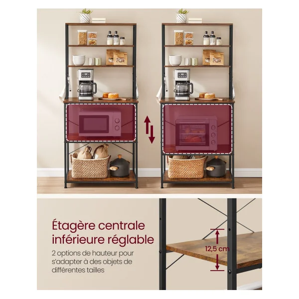 Meuble Cuisine Micro Ondes Étagère de Cuisine avec Multiprise 60x40x167 cm Marron Rustique et Noir