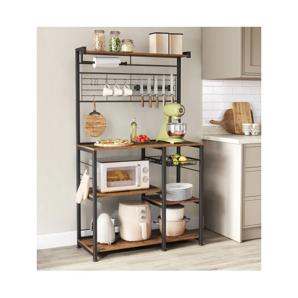 Meuble de Cuisine Meuble de Rangement 12 Crochets Marron Rustique Etagère Micro Ondes