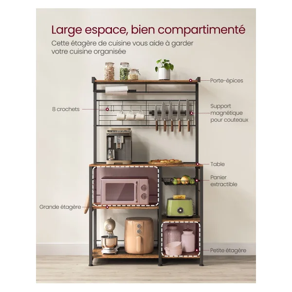Meuble de Cuisine Meuble de Rangement 12 Crochets Marron Rustique Etagère Micro Ondes