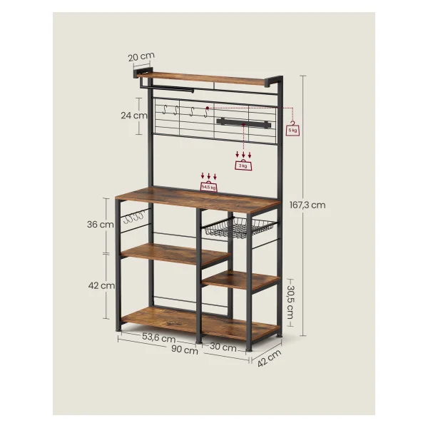 Meuble de Cuisine Meuble de Rangement 12 Crochets Marron Rustique Etagère Micro Ondes