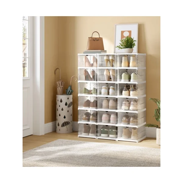 Meuble de Rangement 18 Boîtes à Chaussures 3 Meubles Transparent et Blanc