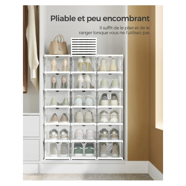 Meuble de Rangement 18 Boîtes à Chaussures 3 Meubles Transparent et Blanc