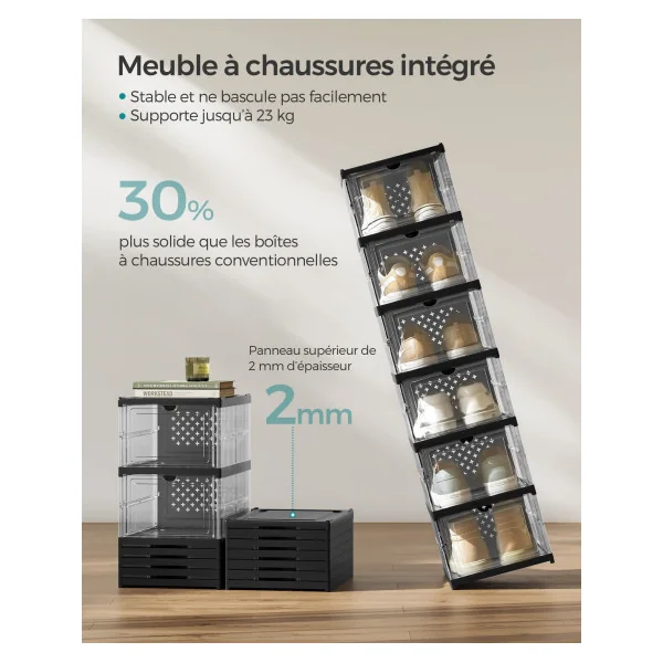 Meuble de Rangement 18 Boîtes à Chaussures 3 Meubles Transparent et Noir