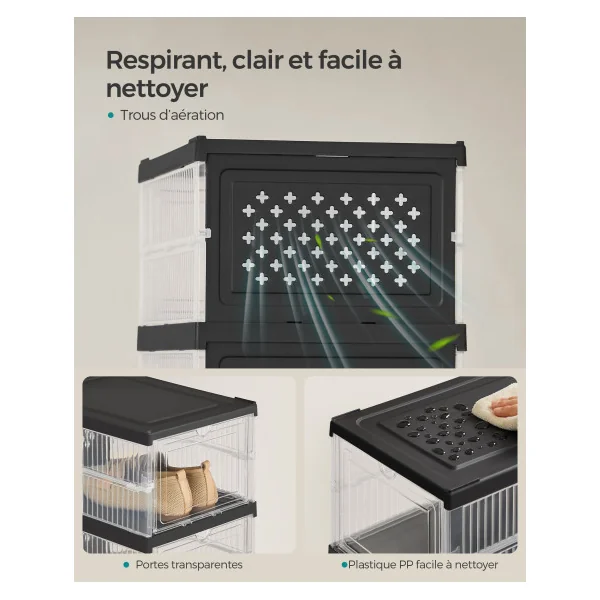 Meuble de Rangement 18 Boîtes à Chaussures 3 Meubles Transparent et Noir