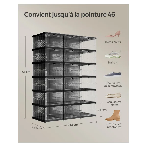 Meuble de Rangement 18 Boîtes à Chaussures 3 Meubles Transparent et Noir