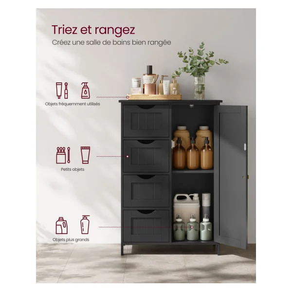 Meuble de Rangement avec 4 Tiroirs Meuble Salle de Bain Rangement Placard avec Porte