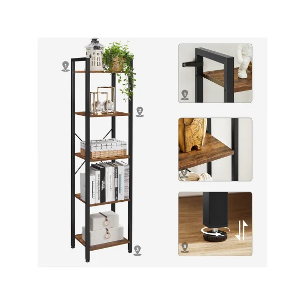 Meuble de Rangement avec Structure en Acier Étagère 5 Niveaux Industriel Marron Rustique Noir
