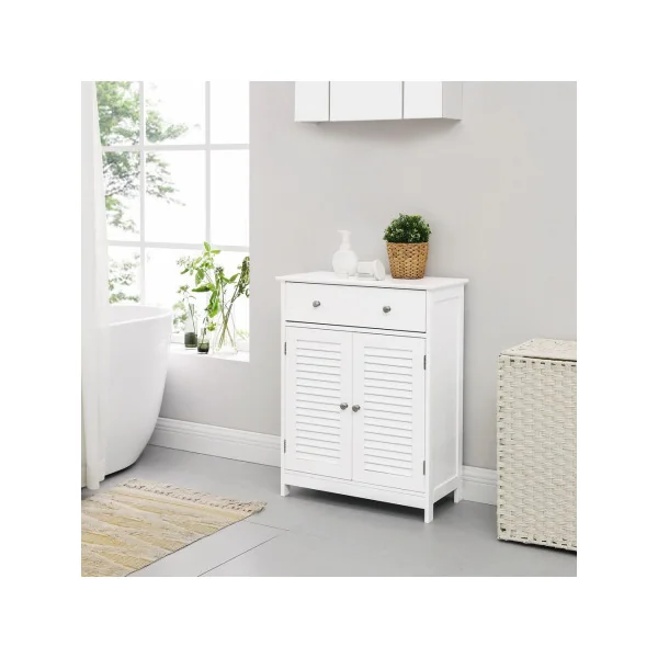 Meuble de Rangement Blanc Meuble de Salle de Bain 1 Tiroir 2 Placards Petit Buffet Salon